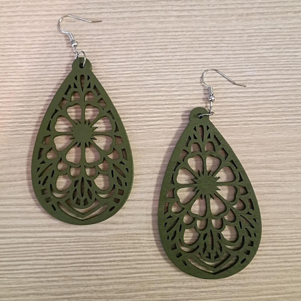 Olive Green Wood Floral Filigree Teardrop Earrings Boho Laser Cut Dangle Boho